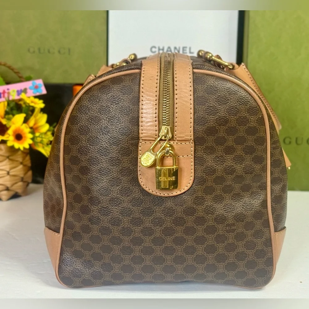 Auth CÈLINE Preowned EUC Tan and Brown Macadam Patterned Boston Bag with🔐